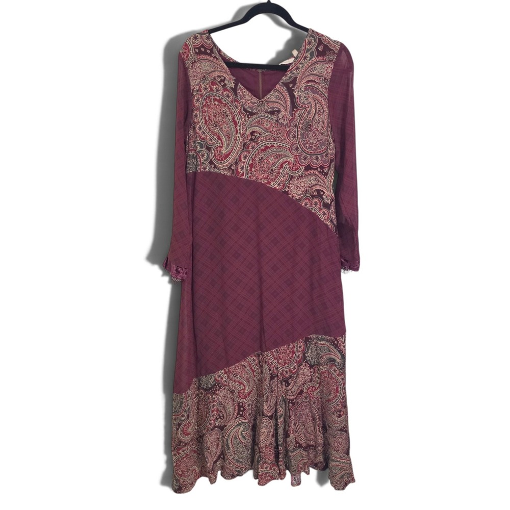 Soft Surroundings Aideen Maxi Dress M Burgundy Paisley Plaid Boho Velvet Trim